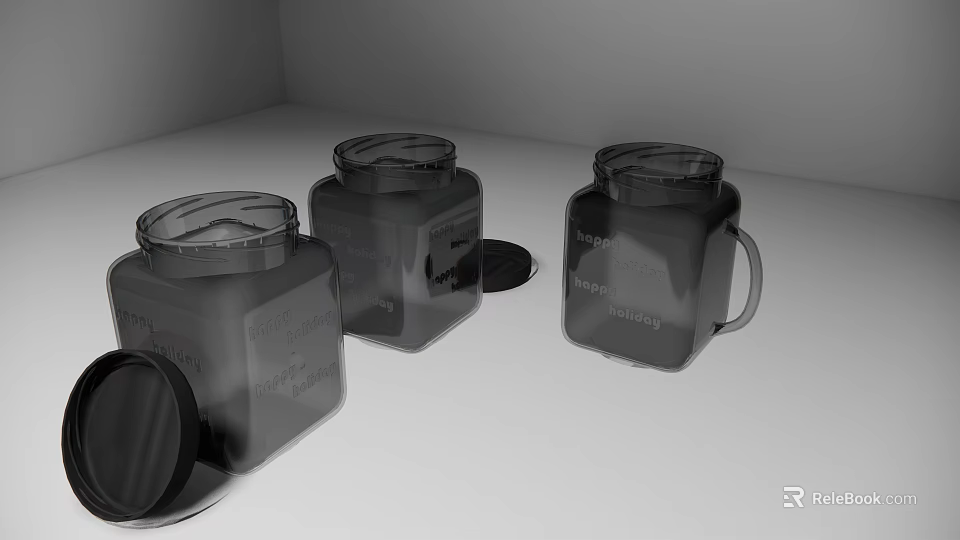 Three Transparent Square Storage Jars with Lids One with Handle and Lid Placed Aside 3d model 