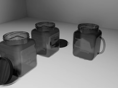 Three Transparent Square Storage Jars with Lids One with Handle and Lid Placed Aside 3d model