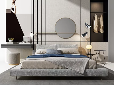 Modern Double Bed Interior Design With Striped Background Wall Round Mirror And Table Lamp 3d model