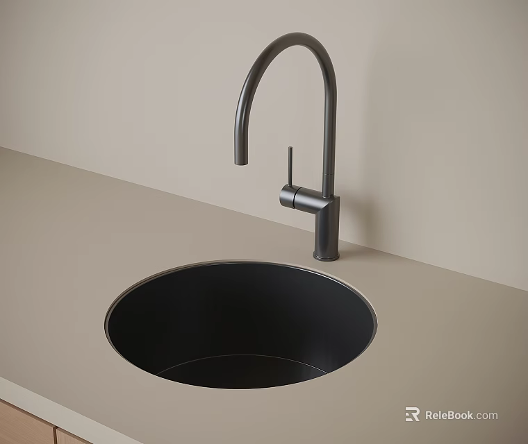 Modern Washbasin Design With Black Faucet On Light Colored Countertop And Light Gray Wall 3d model 