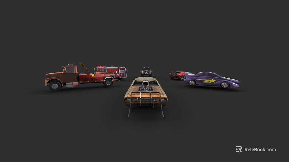 Various Car Models Including Fire Truck Pickup and Race Car on Dark Background 3d model 