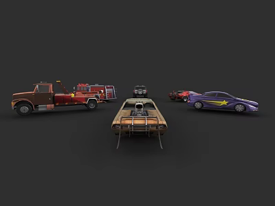 Various Car Models Including Fire Truck Pickup and Race Car on Dark Background 3d model