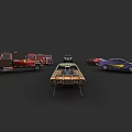 Various Car Models Including Fire Truck Pickup and Race Car on Dark Background