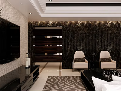 Modern Living Dining Room Interior With TV Wall Sofa Armchairs And Decorative Rug 3d model
