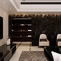 Modern Living Dining Room Interior With TV Wall Sofa Armchairs And Decorative Rug