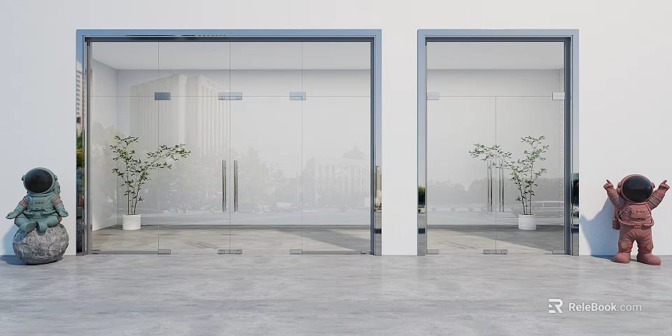 Modern Glass Double Doors With White Pillars Concrete Floor And Green Plants 3d model 