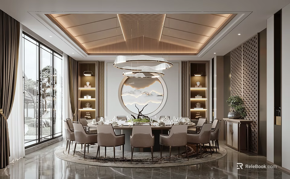 Elegant Chinese Private Dining Room Interior With Round Table Chandelier Circular Painting And Green Plants 3d model 