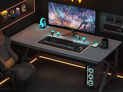 Modern Gaming Desk And Chair Set With RGB Lighting Monitor Keyboard Mouse 3d model