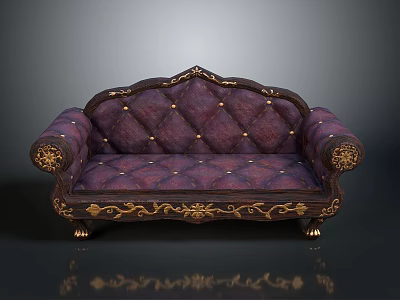 Ornate Purple Sofa With Golden Carvings Tufted Design And Elegant Details 3d model