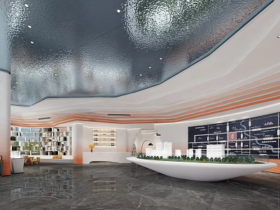 Modern Sales Office Interior Design With Unique Ceiling Model Display And Marble Floor 3d model
