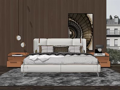 Modern White Double Bed In Bedroom With Wooden Wall Bedside Tables And Rug 3d model
