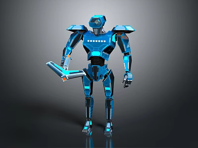Modern Blue Humanoid Robot With Mechanical Design And Glowing Details Holding Tablet 3d model