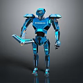 Modern Blue Humanoid Robot With Mechanical Design And Glowing Details Holding Tablet