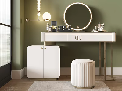 White Dressing Table With Round Lit Mirror On Green Wall And Cosmetics Stool 3d model