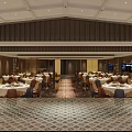 Elegant Banquet Hall Interior With Round Tables White Tablecloths Large Windows And Ceiling Lighting 3d model