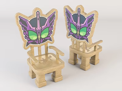 Adorable Children's Chairs With Cartoon Mask Backrest Purple Green Details Wooden Frame 3d model