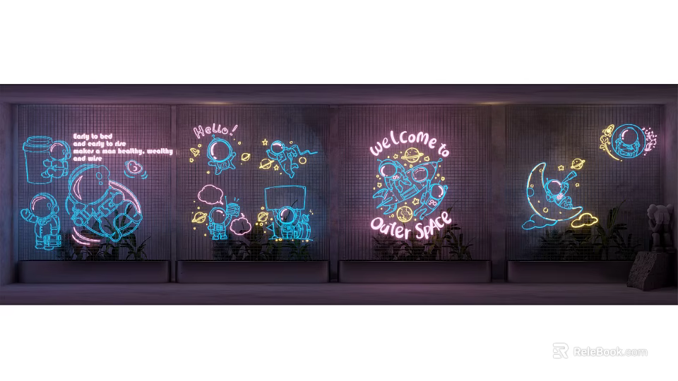 Colorful Decorative Neon Lights with Space Themed Patterns and Welcome Text for Indoor Wall Decor 3d model 