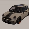 Small Silver Gray Car with Black Roof and Black Wheels in Spacious Modern Indoor Space
