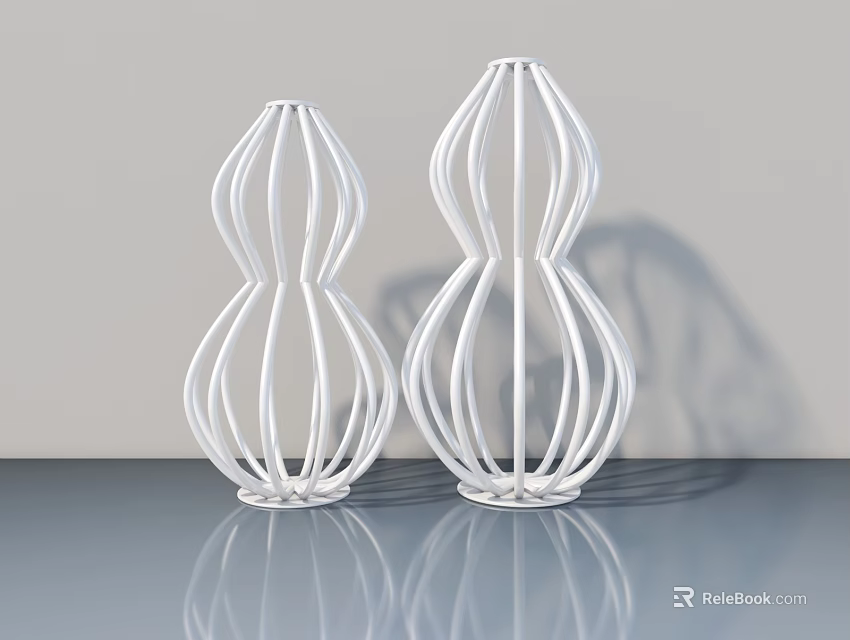 Two White Hollow Metal Gourd Shaped Vases On Gray Reflective Table With Shadow 3d model 