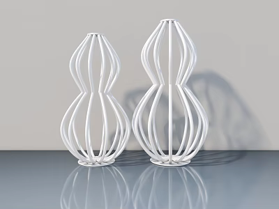 Two White Hollow Metal Gourd Shaped Vases On Gray Reflective Table With Shadow 3d model