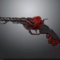 Decorative Mechanical Revolver With Silver Barrel Red Accents And Dark Handle