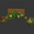 Decorative Garden Structure With Wooden Pillars Hanging Plants Red Flowers And Green Vines