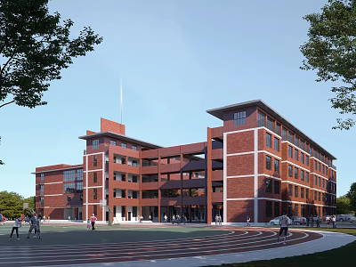 Red Brick Multi Story School Building with Sports Ground and Surrounding Green Trees 3d model