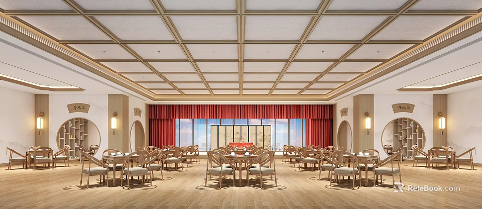 Elegant Restaurant Interior With Wooden Ceiling Red Curtains Large Windows And Wooden Tables Chairs 3d model 