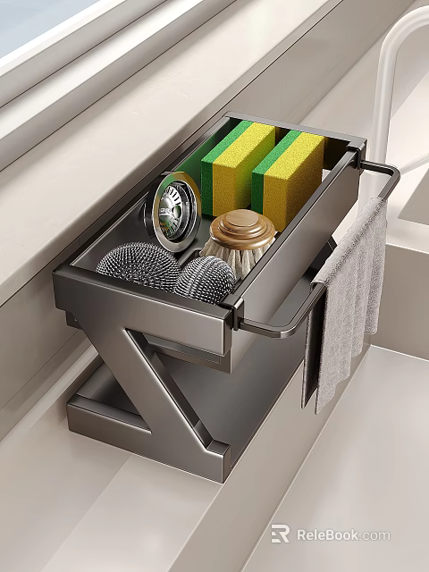 Stainless Steel Kitchen Drawer Organizer With Sponges Brush Metal Strainers And Towel 3d model 