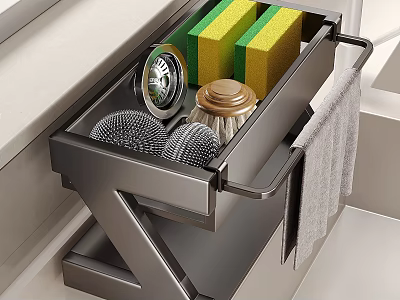 Stainless Steel Kitchen Drawer Organizer With Sponges Brush Metal Strainers And Towel 3d model