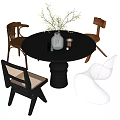 Modern Round Dining Table Set With Mixed Material Chairs And Decorative Vase 3d model