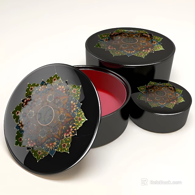 Precious Jewelry Stored in Decorative Black Boxes with Red Lining and Floral Designs 3d model 