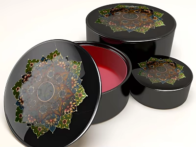 Precious Jewelry Stored in Decorative Black Boxes with Red Lining and Floral Designs 3d model