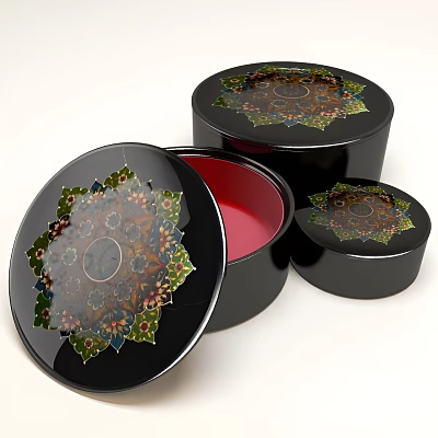 Precious Jewelry Stored in Decorative Black Boxes with Red Lining and Floral Designs 3d model