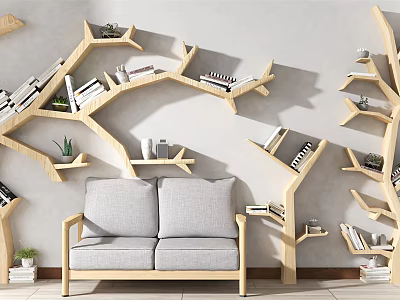 Branch Shaped Wooden Bookshelf Wall Mounted Holding Books Plants Decorations and Gray Two Seater Sofa 3d model
