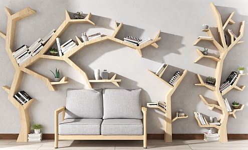 Nordic Bookshelf Simple Solid Wood TV Wall Sofa Rear Background Wall Hanging Wall Bookshelf Storage Rack Floor 3d model