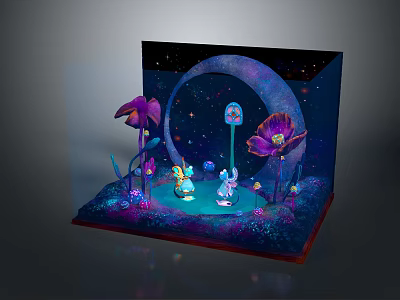 Cartoon Fantasy Scene With Starry Sky Moon Arch Large Flowers And Cute Glowing Characters 3d model