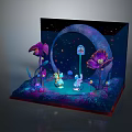 Cartoon Fantasy Scene With Starry Sky Moon Arch Large Flowers And Cute Glowing Characters