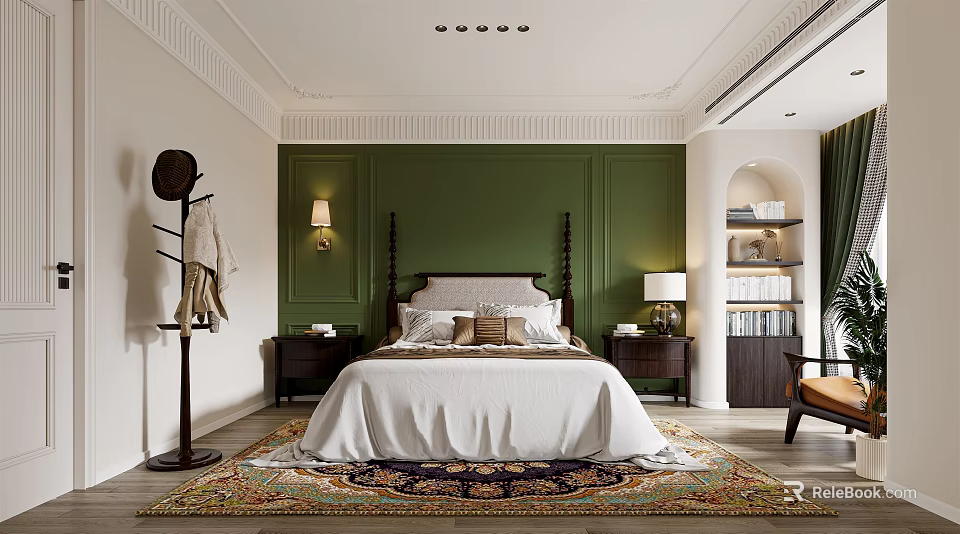 Modern Bedroom With Green Walls Four Poster Bed White Bedspread Nightstands And Area Rug 3d model 