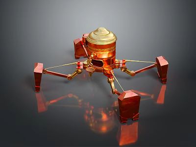 Shiny Gold And Red Mechanical Game Movie Character With Multiple Arms And Dark Background 3d model