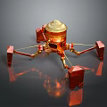 Shiny Gold And Red Mechanical Game Movie Character With Multiple Arms And Dark Background