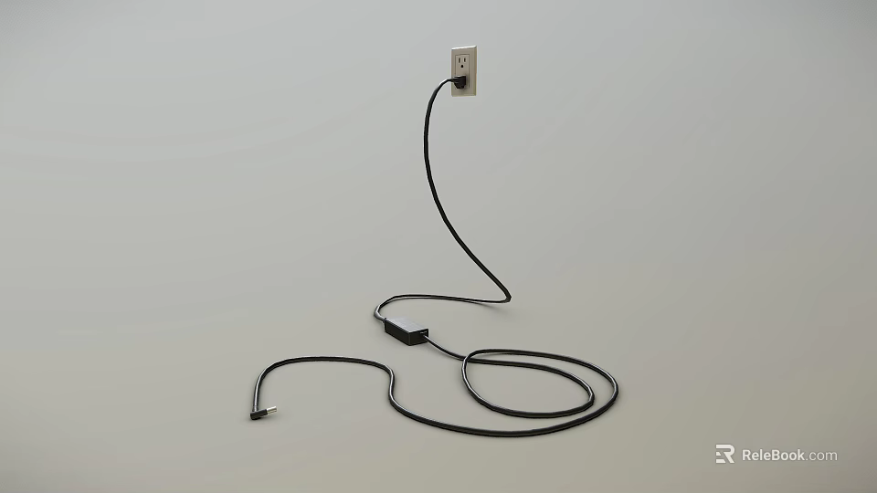 Black Cable Plugged Into Power Outlet On White Background With Coiled Wire On Floor 3d model 