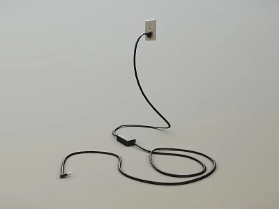 Black Cable Plugged Into Power Outlet On White Background With Coiled Wire On Floor 3d model