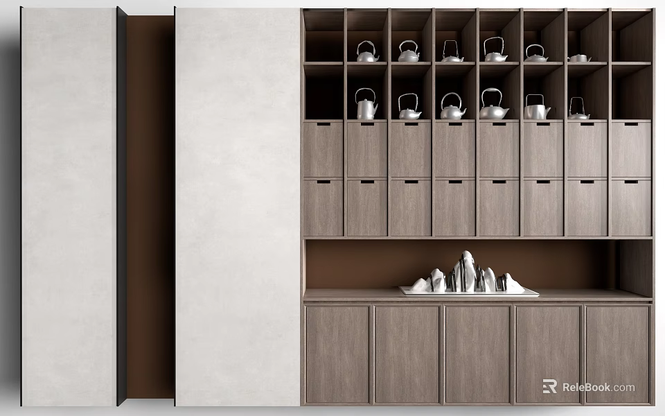Modern Wooden Display Cabinet Shelves With Drawers And Decorative Storage Items 3d model 