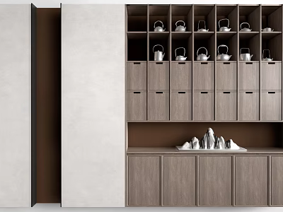 Modern Wooden Display Cabinet Shelves With Drawers And Decorative Storage Items 3d model