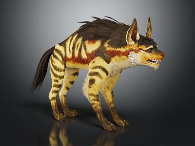 Striped Hyena With Fluffy Brown And Yellow Fur In Fierce Standing Posture 3d model
