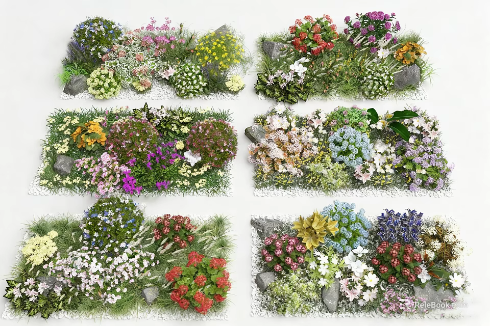 Vibrant Assorted Flowers And Lush Greenery With Decorative Stones In Garden 3d model 