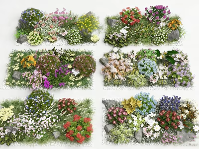 Vibrant Assorted Flowers And Lush Greenery With Decorative Stones In Garden 3d model