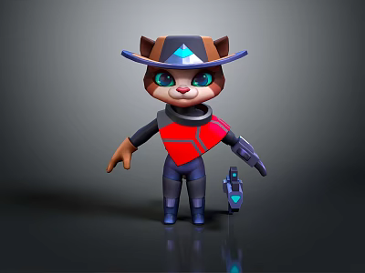 3D Anthropomorphic Cat Character Design With Hat Red Black Outfit And Blue Device 3d model