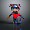 3D Anthropomorphic Cat Character Design With Hat Red Black Outfit And Blue Device